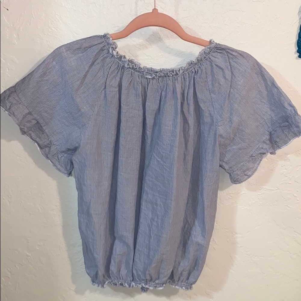 Blue and white striped short sleeve blouse